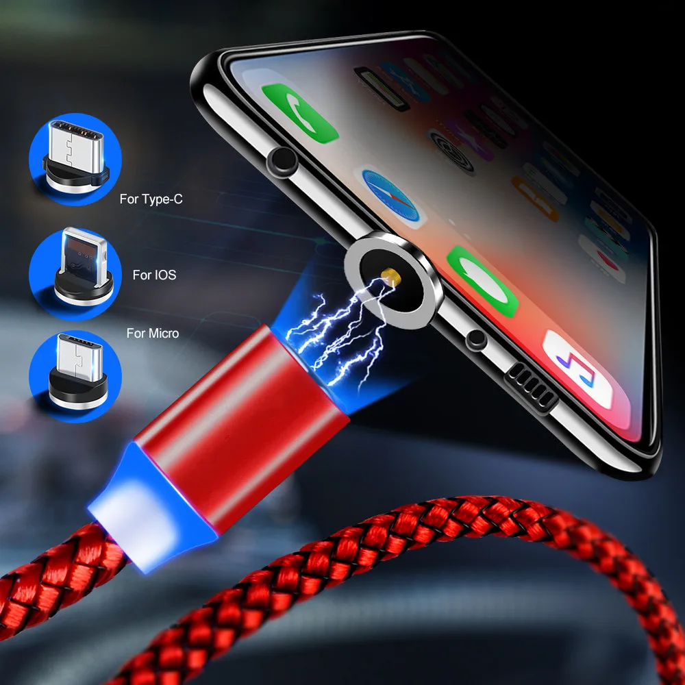 2.4A 3 in 1 LED Magnetic Charging Cable Upgraded Nylon Braided Magnet USB Charger Cable for Samsung iPhone Charger