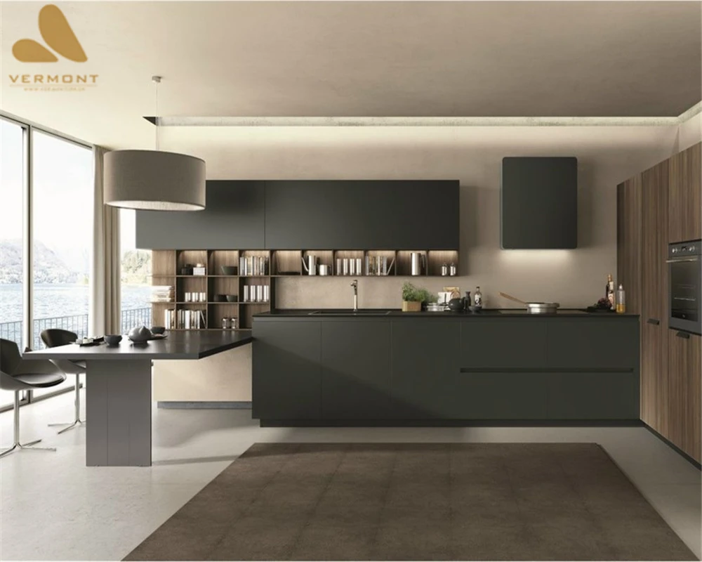 2022 Hangzhou Vermonhouse Grey Color Modern Kitchen Cabinet Designs New Model with Island High Gloss Metal Kitchen Furniture