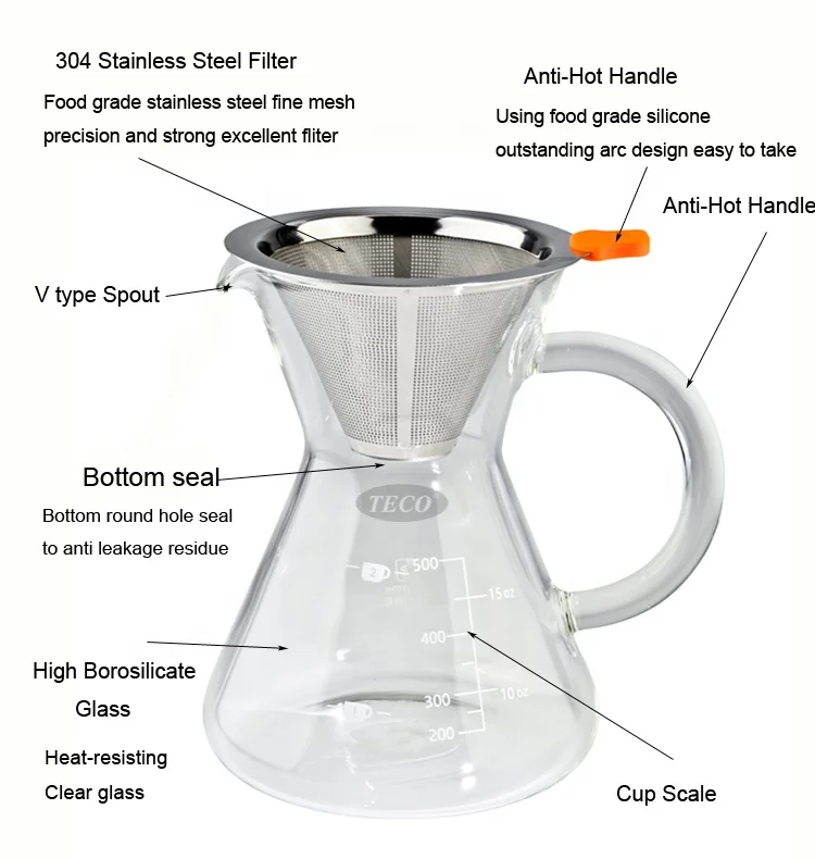 TCG-C006 Bamboo Pour Over Glass Coffee Maker 1200ml with Coffee Dripper