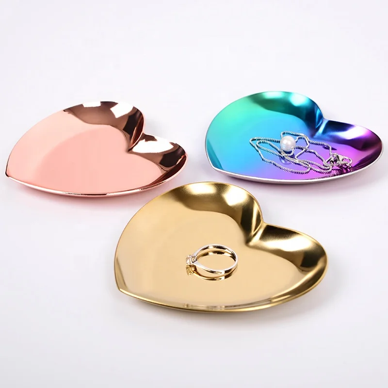 Cute stainless steel material rose gold color heart shaped trinket dishes metal ring dishes