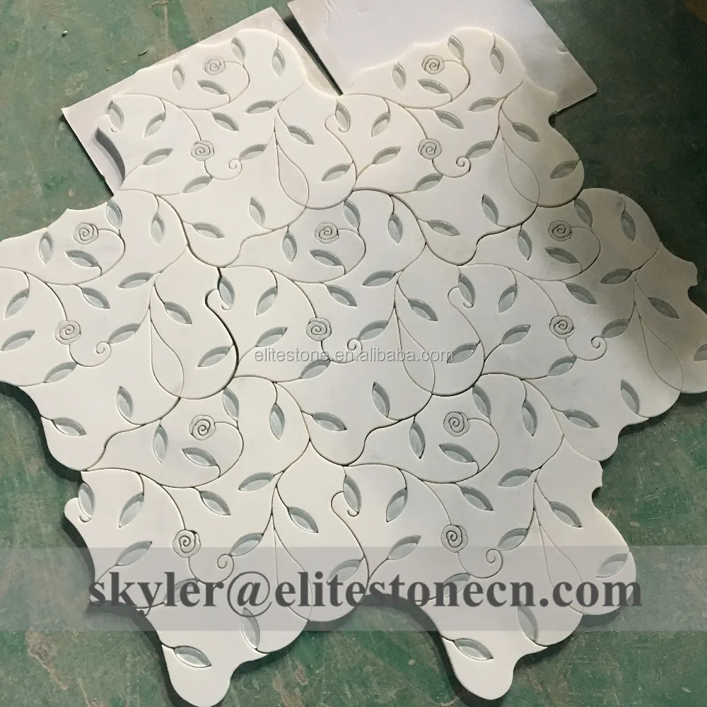 glass mixed marble flower leaves pattern waterjet tile mosaic