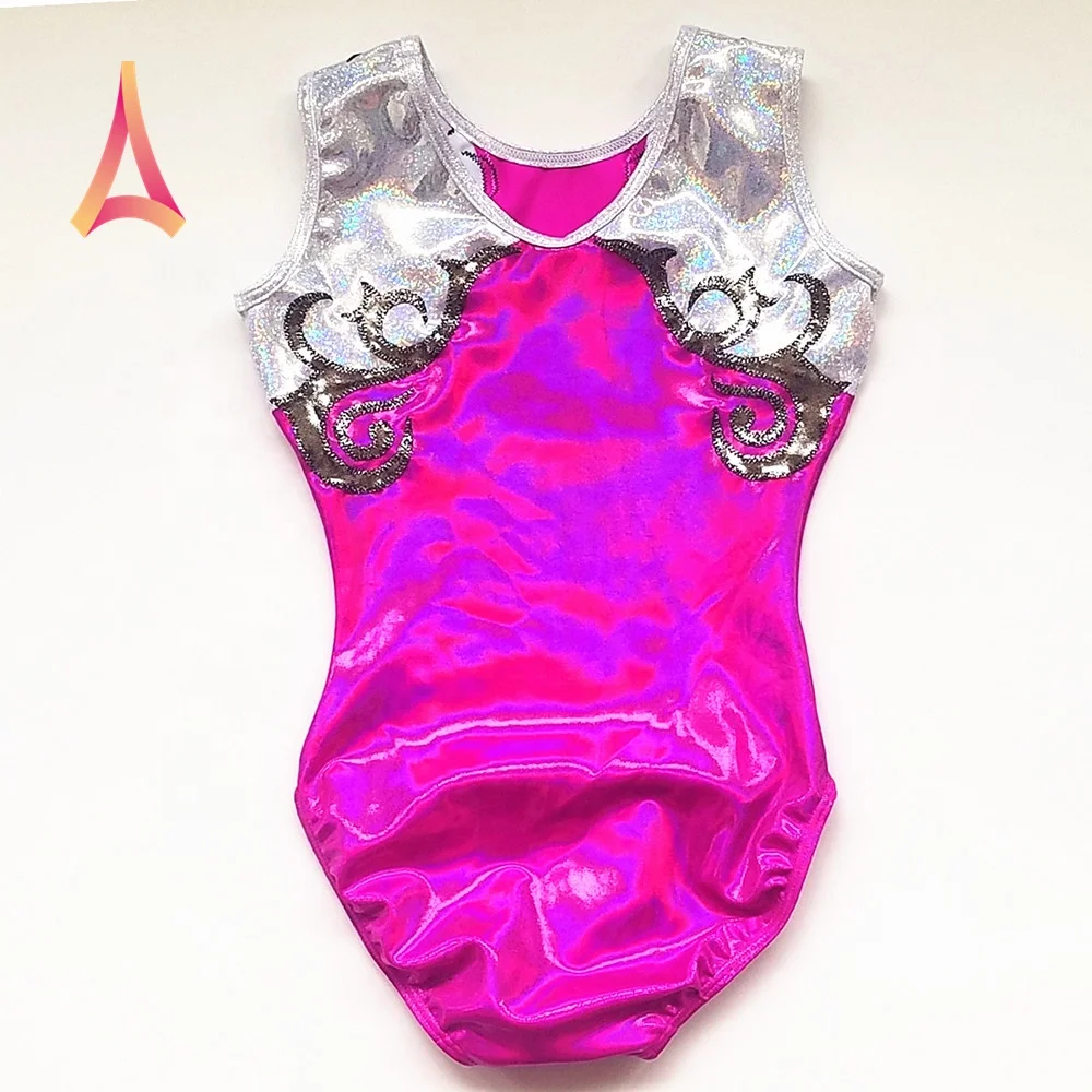 Sophisticated Swirl Trim Shiny Pink Gymnastics leotards for girls