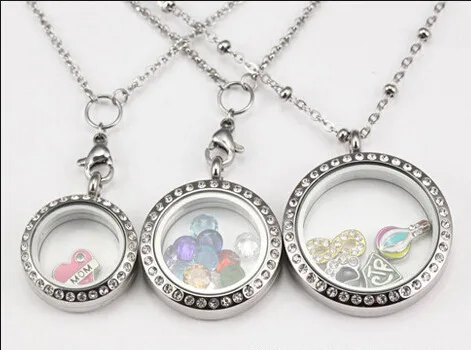 
round stainless steel wholesale floating locket with CZ stone 