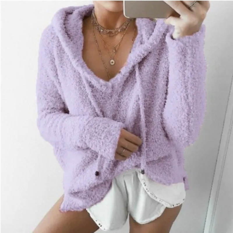 S-3XL Women Hoodies Sweatshirt Drawstring Hooded Pullover Big V-neck Tops Spring Autumn Loose Outerwear Velvet Jacket