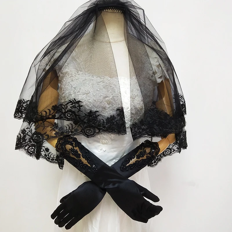 
with appliqued lace pearl beaded elbow length wedding bridal gloves 