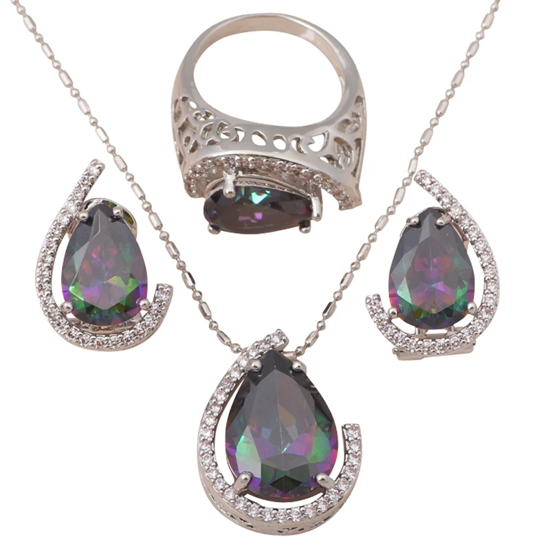 Luxury Design Pendants Earrings Ring Set silver 925 Inlay Mystic Topaz Zircon Fashion Jewelry set Sz