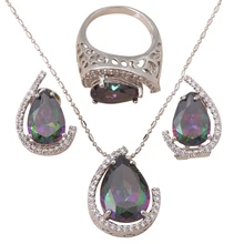 Luxury Design Pendants Earrings Ring Set silver 925 Inlay Mystic Topaz Zircon Fashion Jewelry set Sz