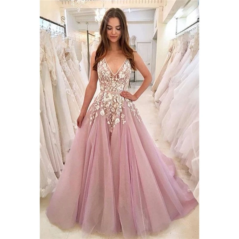 Wholesale Sexy V Neck Pink Prom Dress Long Tulle Lace  Evening Dresses Gowns Personalized