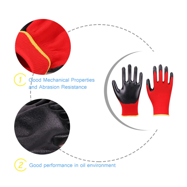 Work Gloves Xingyu Red Polyester Shell Black Nitrile Smooth Coating Work Safety Gloves Mens Gloves