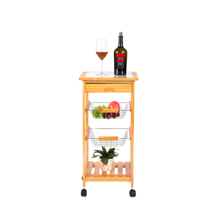 Modern Mobile Kitchen Vegetable With Basket Wooden Serving Trolley