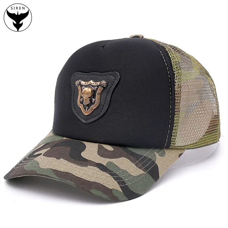 Siren Custom Metal Cap Badge Camo Trucker Cap Hat with Double Breasted Buckle