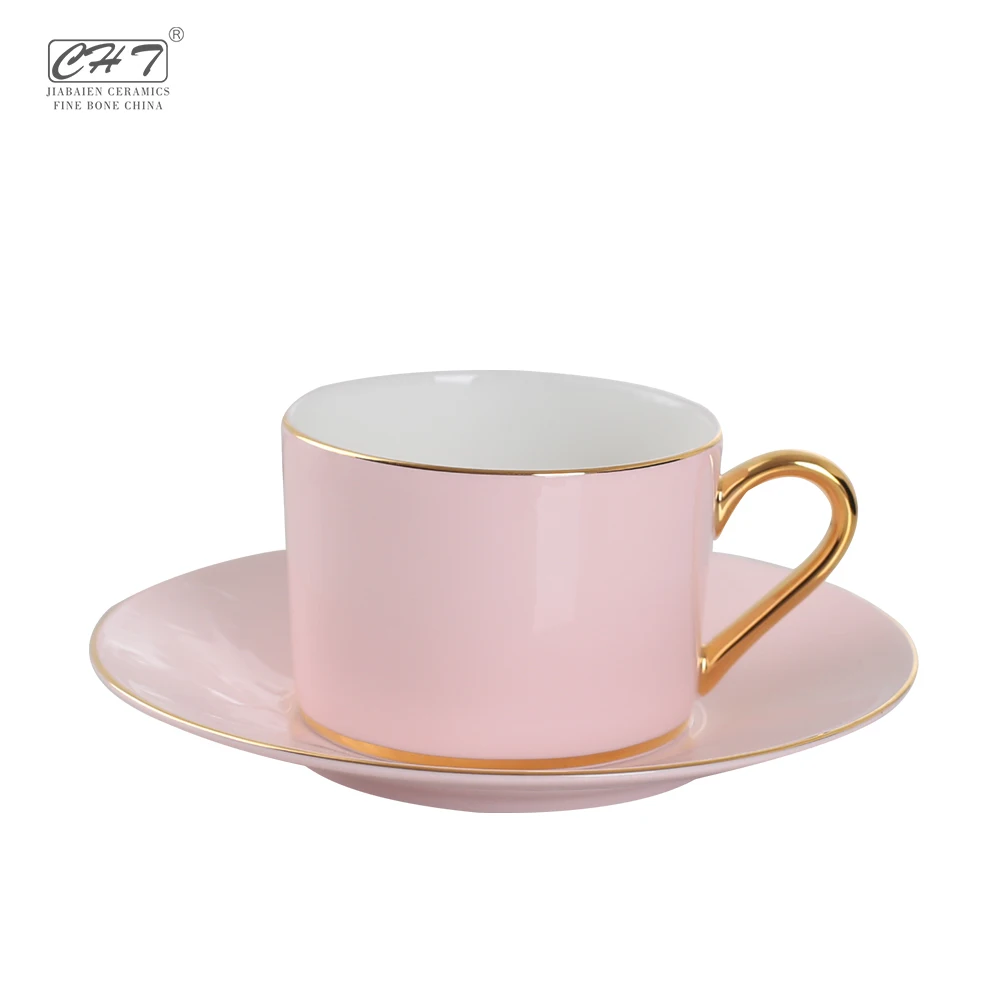 Customize Wholesale Ceramic Tea Cup Set Golden Rim Handle Design Fine Bone Pink Coffee Cup and Saucer