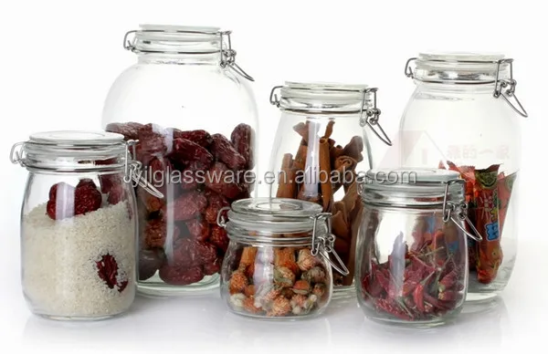 Available different sizes food grade glass storage jars with airtight locking clamp lid glass storage jars with clip lids