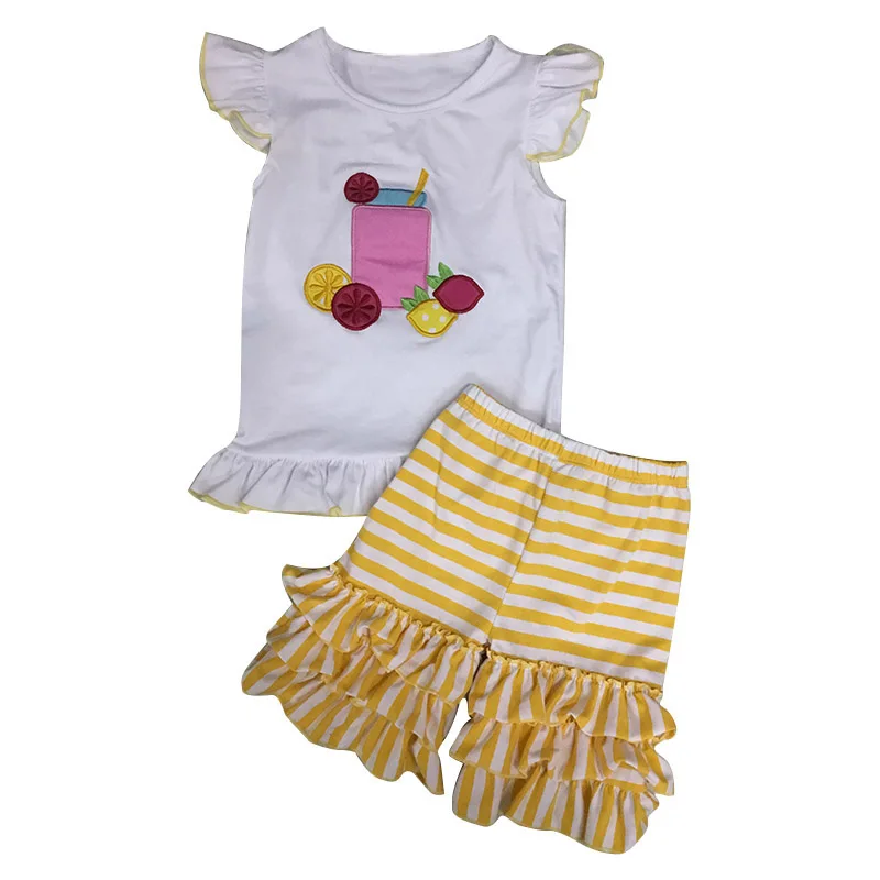 Girls Boutique Clothing 2pcs Puff Sleeve Flamingo Embroidery T Shirt Printed Flamingo Shorts Clothing Sets Children Clothes