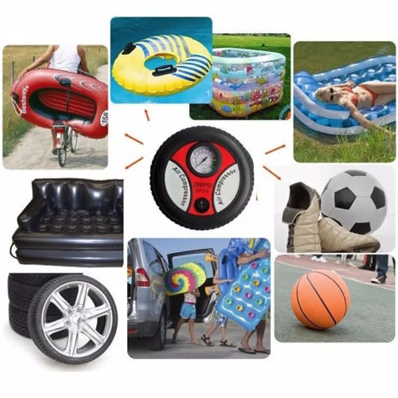 Portable Mini Car Inflatable Pump Air Compressor Tire Auto Tire Pump Electric Inflating Machine DC12V with Nozzle Adapter 260PSI