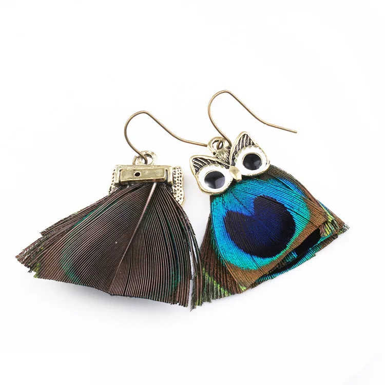 Real peacock feather earrings owl earring