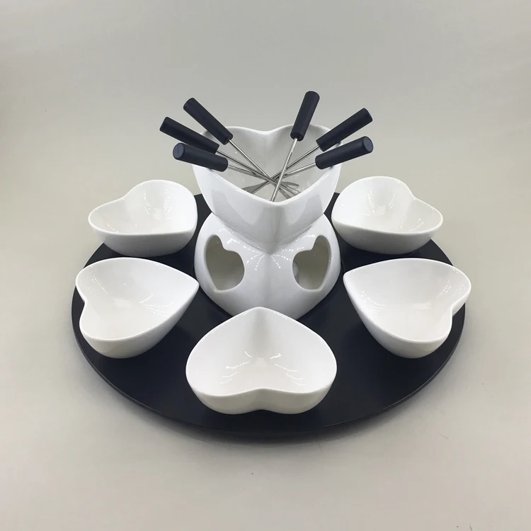 New arrival modern restaurant white ceramic chocolate fondue pot set with bamboo base