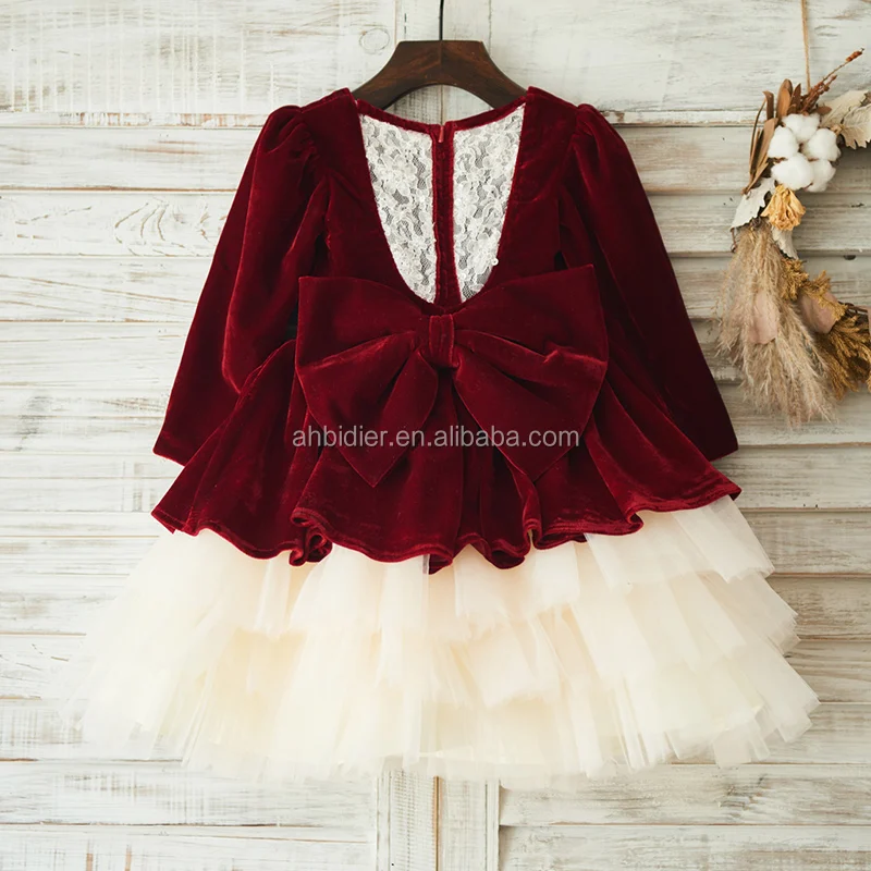 Long Sleeves Burgundy Red Velvet Champagne Tulle Lace Wedding Flower Girl Dress Princess Christmas Party Dress