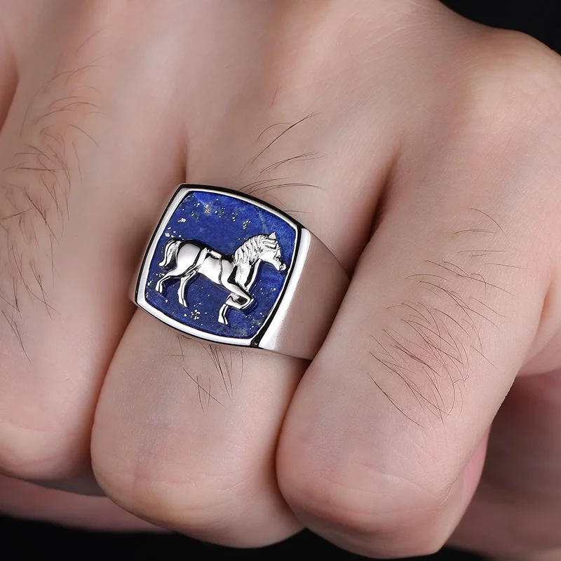 Custom personality design sterling silver 925 fashion men jewelry gift black enamel horse ring