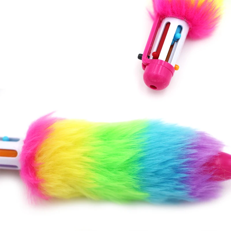 Short fat fluffy pom pom pen multicolor 6 color rainbow ballpoint pen with colorful rainbow barrel