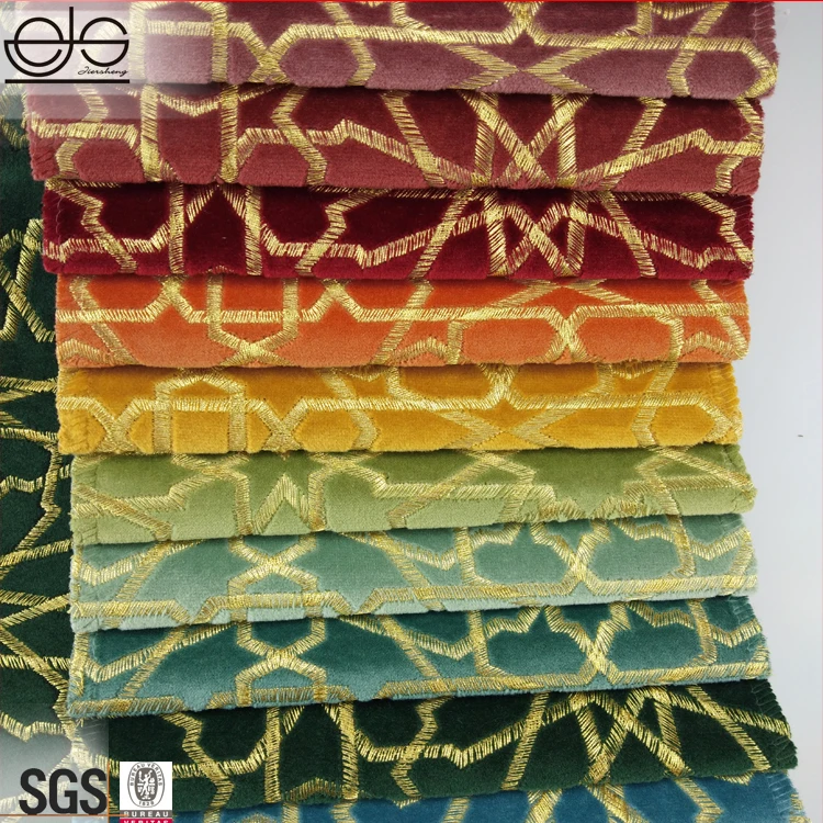 JES Fashion New Desgin Golden Embroidered Heavy Velvet Sofa Fabric