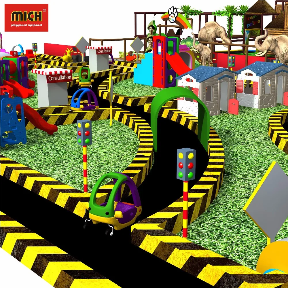 Huge Indoor Play Center with Kids Racing Bicycle Road Games, Playhouses, Adults Trampoline Park, Ninja Warrior Obstacles