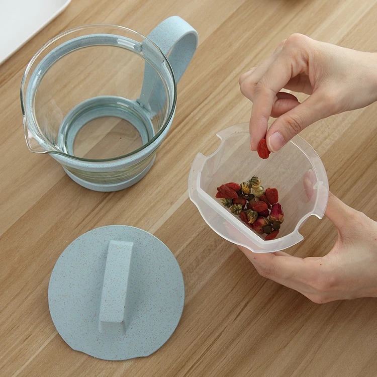 Heat resistant 500ml wheat fiber water herbal  filter scented tea coffee pot strainer glass teapot with infuser