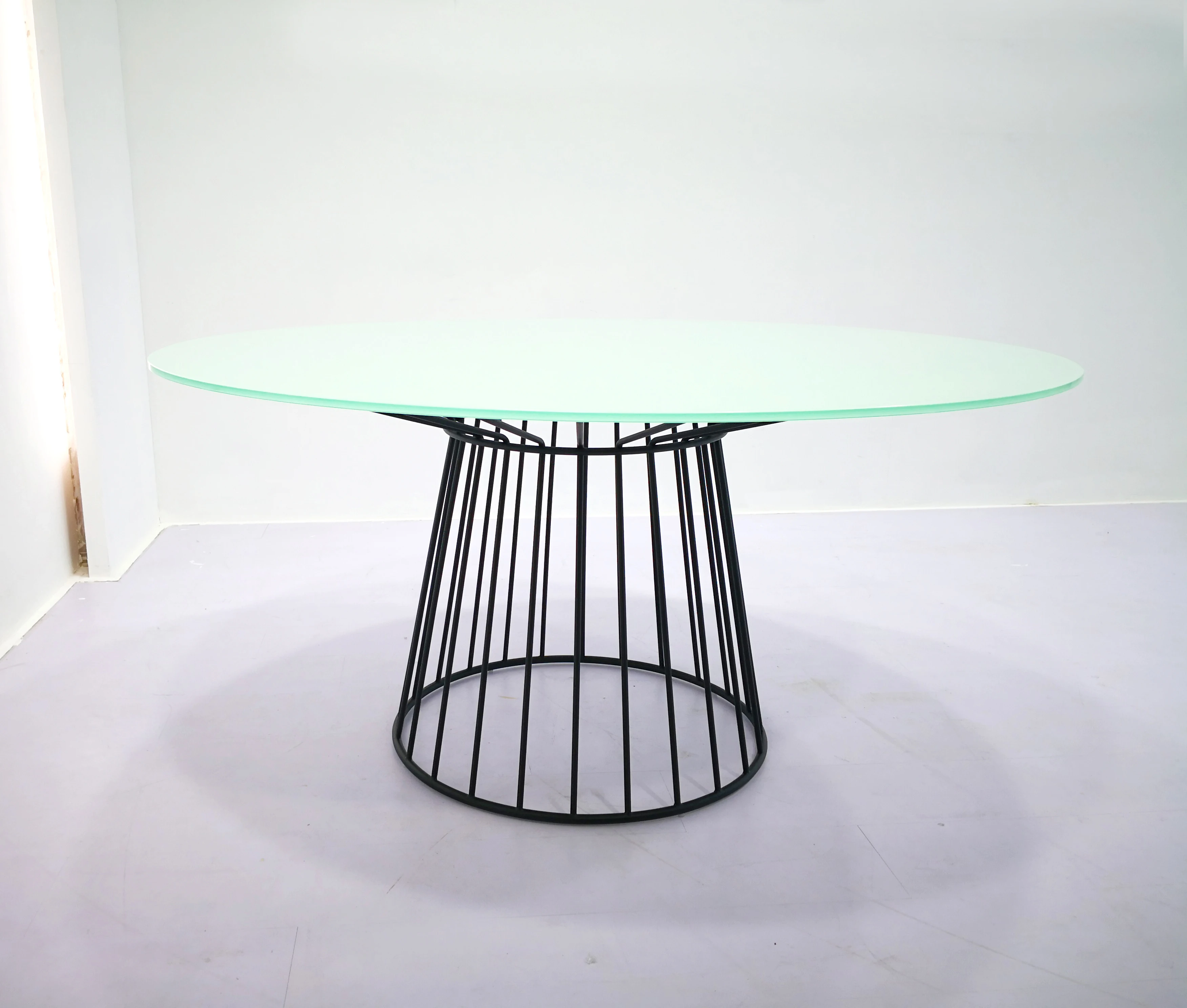 Black  wire steel frame dining table / glass top table