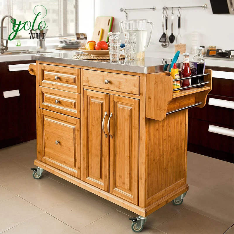 
Storage Serving Cabinet Bamboo Kitchen Trolley with Stainless Steel Worktop 