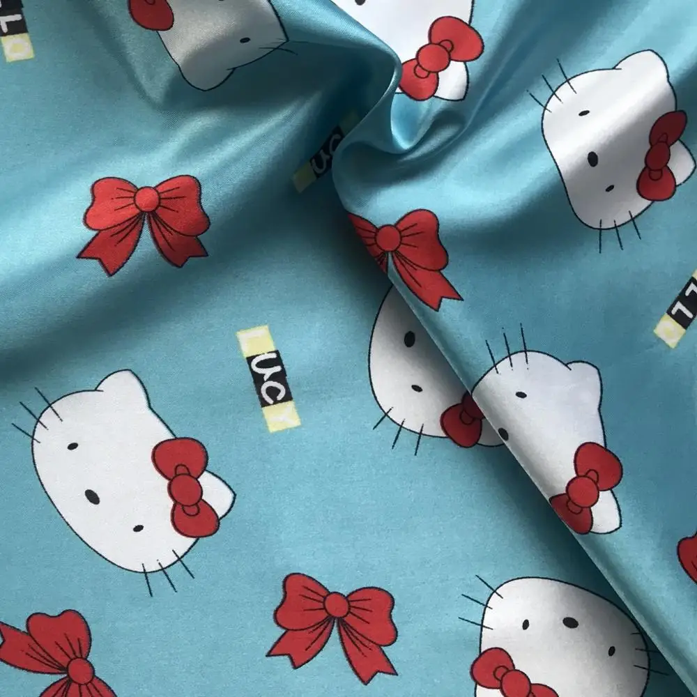 Satin Fabric Printed Fabric Cat Hello Kitty blue