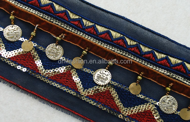 Ethnic style boho trim with fringe, embroidery indian beaded lace trim with copper sheet