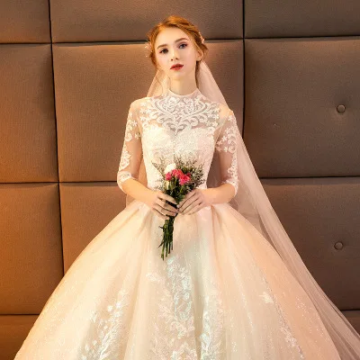 
2019 New Half Sleeves Champagion Wedding Bridal Gowns French high-neck elegant lace decoration long-tail women wedding dress 