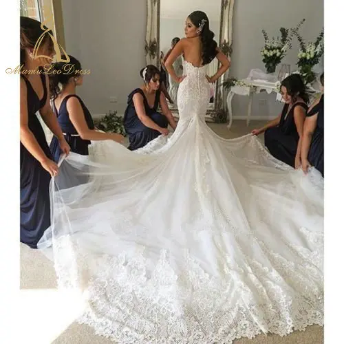 
Princess Bride Lace Strapless Sweetheart Detachable Mermaid 2019 Wedding Dress With Long Train 