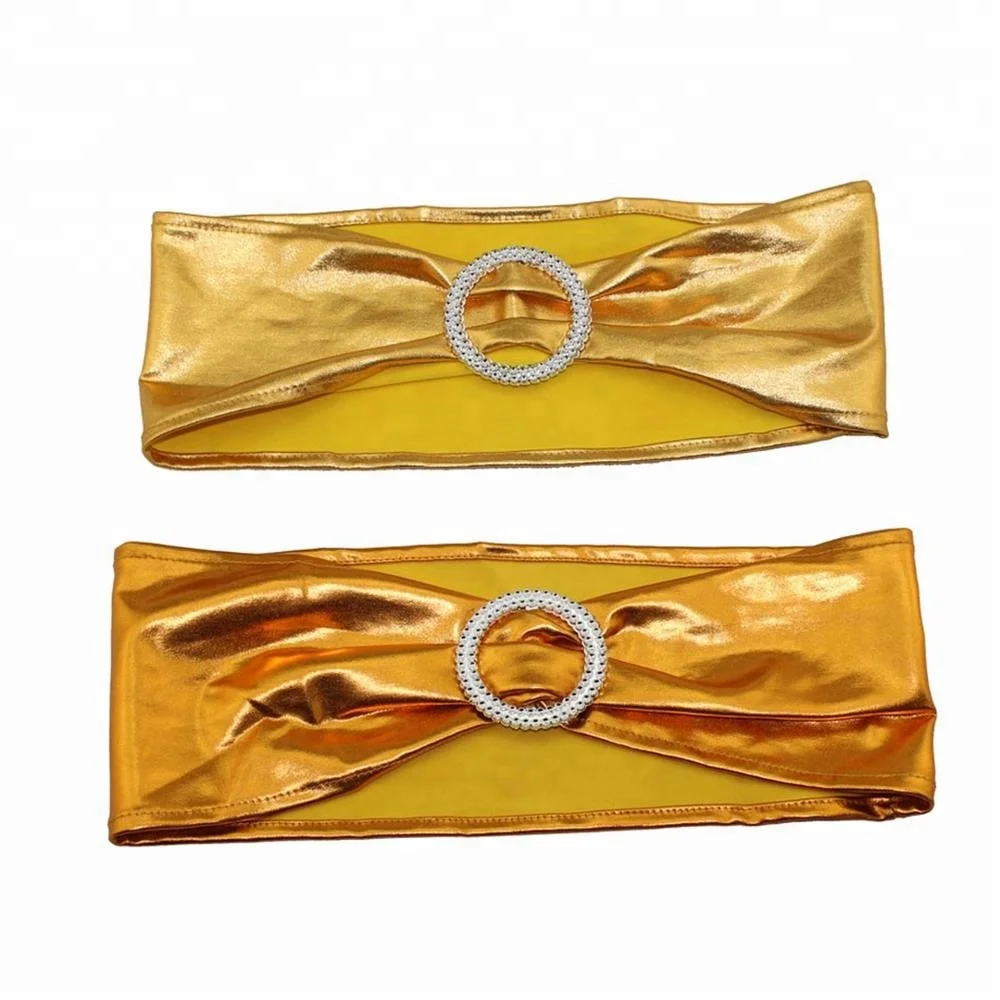 shiny gold metallic elastic wedding chair bands with buckle