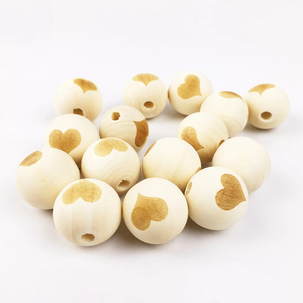 20mm Engraved Heart Wooden Round Teething Beads Wood Craft Beads For Make Necklaces