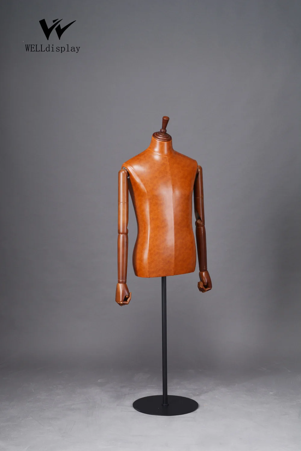 BROWN LEATHER MALE BUST, MALE TAILORING MANNEQUIN TORSO WITH WOODEN ARMS