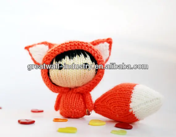 Orange Fox Doll with removable tail - pdf knitting pattern. Tanoshi series toy.