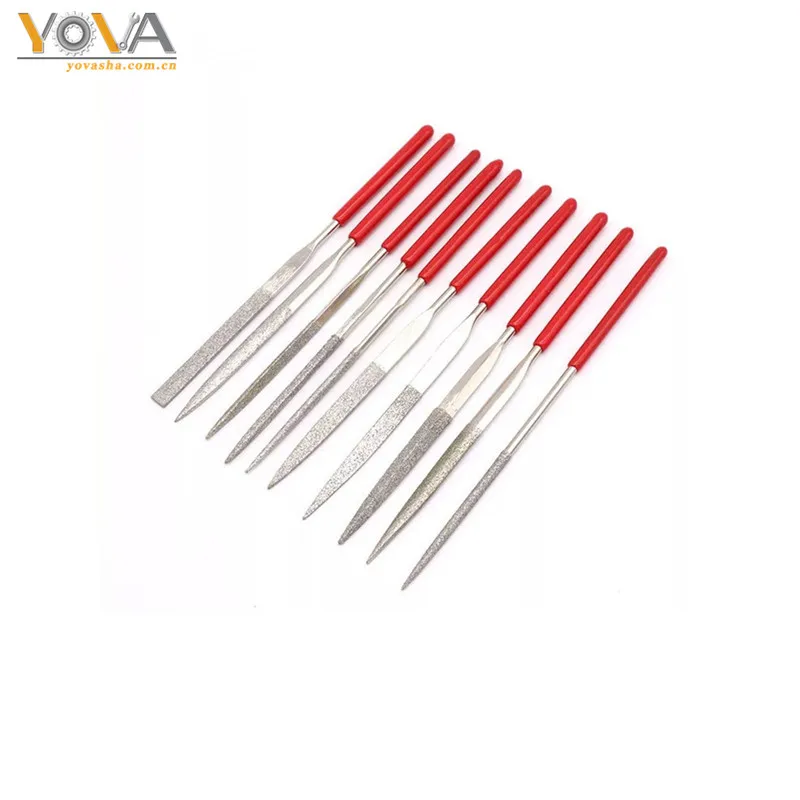 Hand Tool Good Quality 10 Pcs Red Diamond Needle File Set with Plastic Handle