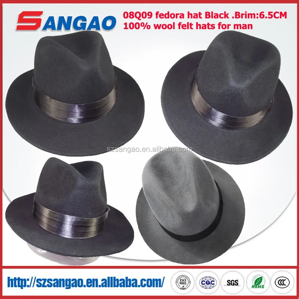 Black wool dress hat with satin fabric and leather sweatband