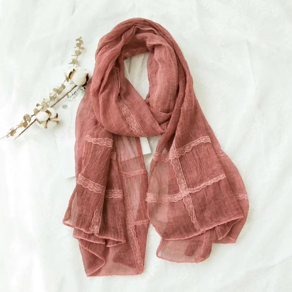 Muslim women soft cotton oversize solid plain lace scarf shawl stole