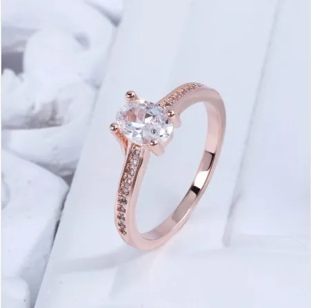 Copper Jewelry Oval Four Claws Simulated Diamond Drill Bit Engagement Crown Plated White Gold Ring