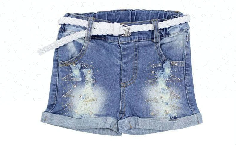 Royal wolf denim garment factory denim bead vest and ripped rhinestone jeans shorts girls summer set kids outfits