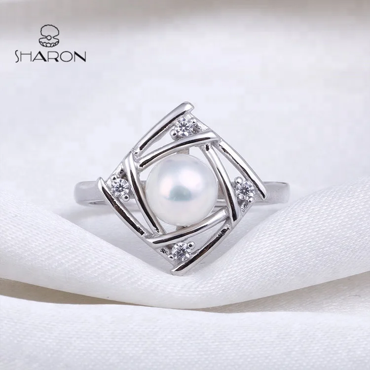 2020 Wholesale Simple S925 Fashion Square Sterling Silver Jewelry Natural Pearl Mount Ring
