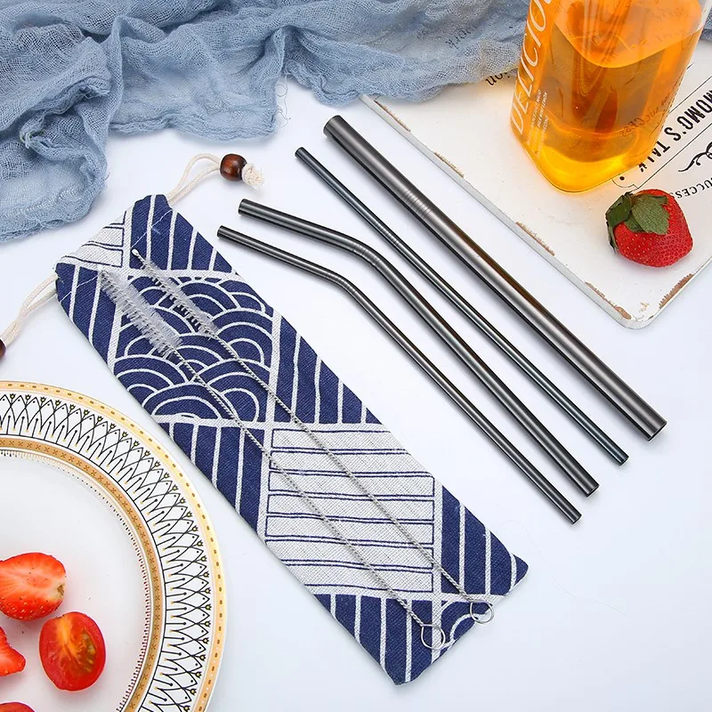 Colorful Gold Rose Gold Copper Reusable Stainless Steel Drinking Straws Set with Bag and Cleaning Brush