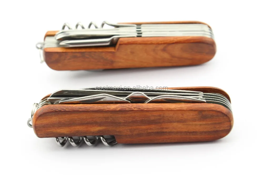 Stainless Steel pocket folding knife with wooden handle for 11 function tools