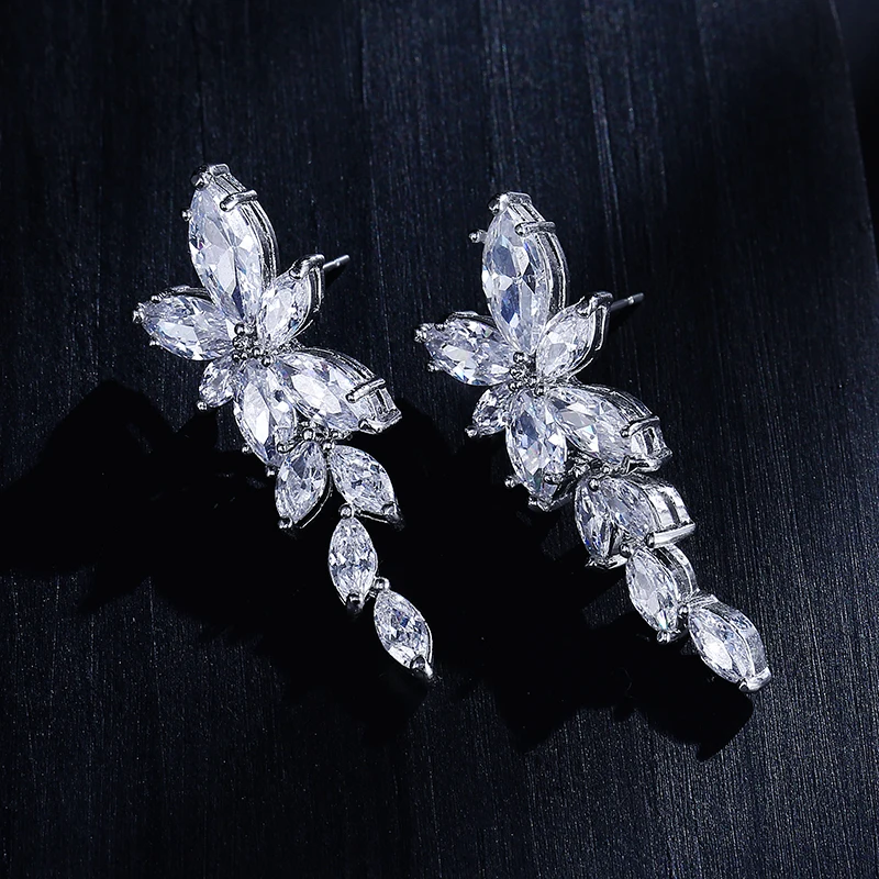 RAKOL EP167 Women Luxury Leaf Shape Wedding Bridal Cubic Zirconia Copper Dangle Earrings