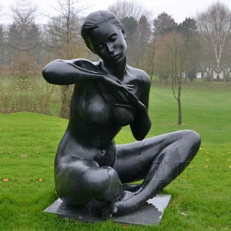 Brass welcome lady standing woman statue art bronze short hair metal craft  girl sculpture