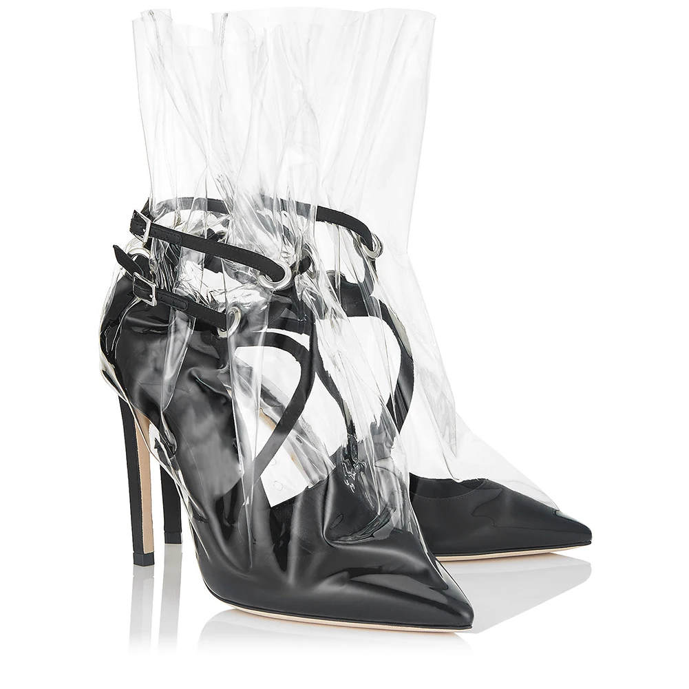 Stylish Dress Shoes Party Heels Plus Size Women Black Transparent Ankle Booties Ladies Short Boots Plastic Bag White Satin Pumps
