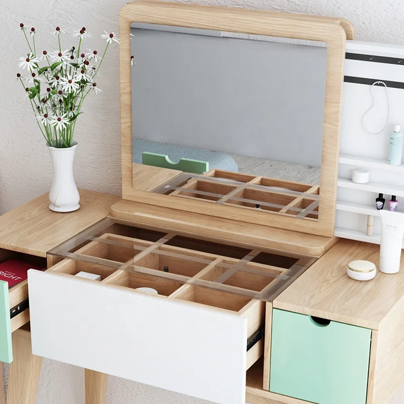Nordic Style Modern Bedroom Cosmetic Partition Storage Design Flip Mirror Wood Dresser Furniture