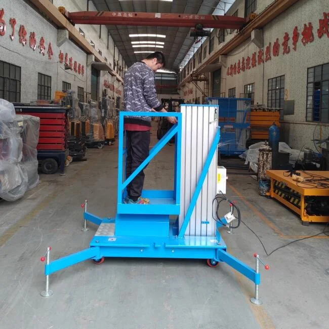 Factory Direct Sell Mobile Elevated Lift Platform 125kg Aluminum Aerial Work Platform 0.62m-1.58m Table Size Single Mast Blue